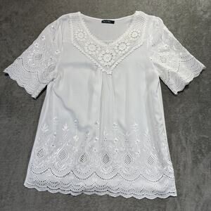Venice Blue White Lace Blouse Womens Large Boho Cottagecore‎ Peasant Hippie